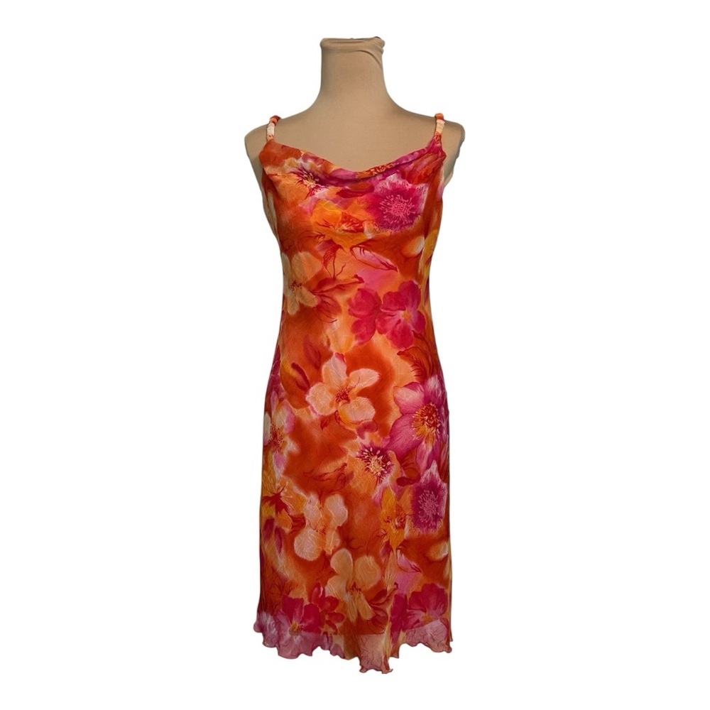 Vintage City Triangles Cowl Neck Tropical Print Dress - Size 5, Orange/Pink